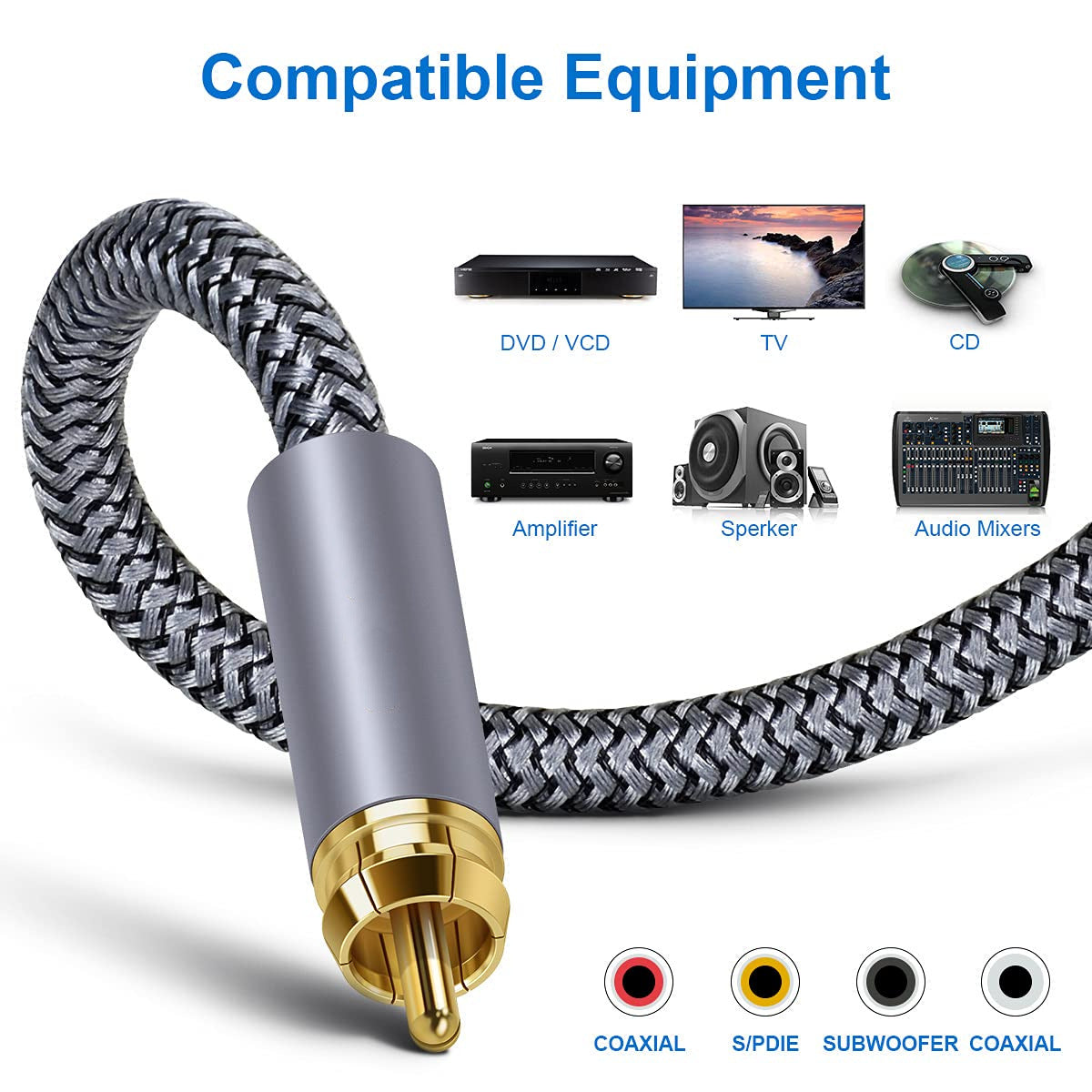 1m Digital Audio SPDIF Coaxial Cable Pure Copper Gold Plated Connector Male to Male RCA to RCA Cable for Home Theater, Subwoofer, Hi-Fi Systems