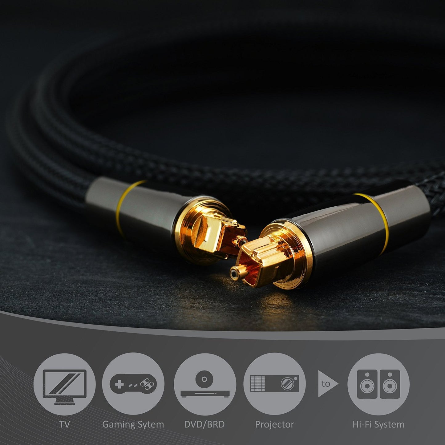 1m Digital Fiber Optical Audio Cable SPDIF Line 5.1 Channel Connection Wire for Soundbars / Stereo Systems / Amplifiers (Yellow Ring)