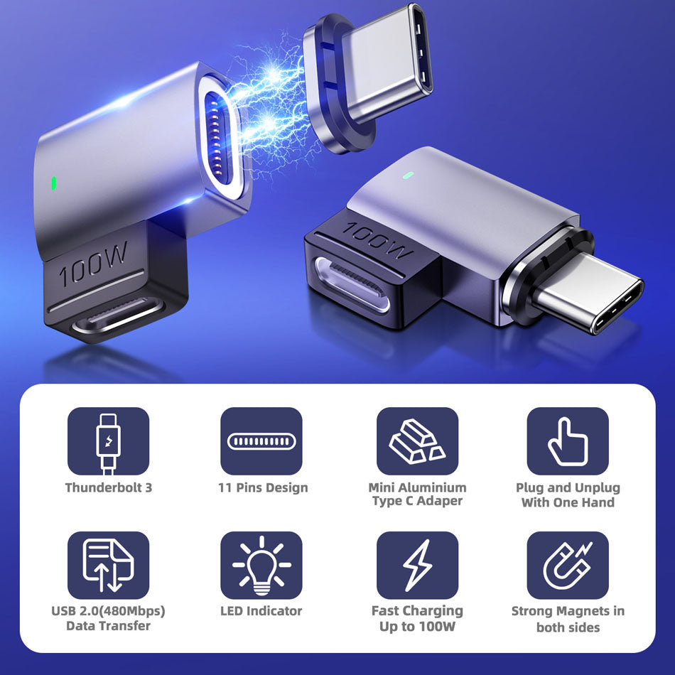 Magnetic USB-C Adapter Angled Design 11-Pin Mini Type-C Adapter Supporting PD 100W 5A Fast Charge 480Mbps Data Transfer Rate for MacBook Laptop