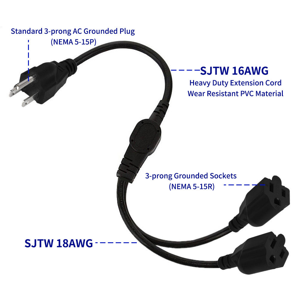Uniqkart US 0.5m / 1.6ft NEMA 5-15P 1 to 2 Way Outlet NEMA 5-15R SJT 16AWG 3 Prong Extension Power Cable