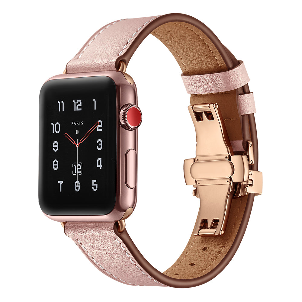 Genuine Leather Watch Replacement Strap for Apple Watch Series 8 7 41mm / Series 6 SE / SE(2022) 5 4 40mm / Series 1 2 3 38mm- Rose Gold Buckle / Pink