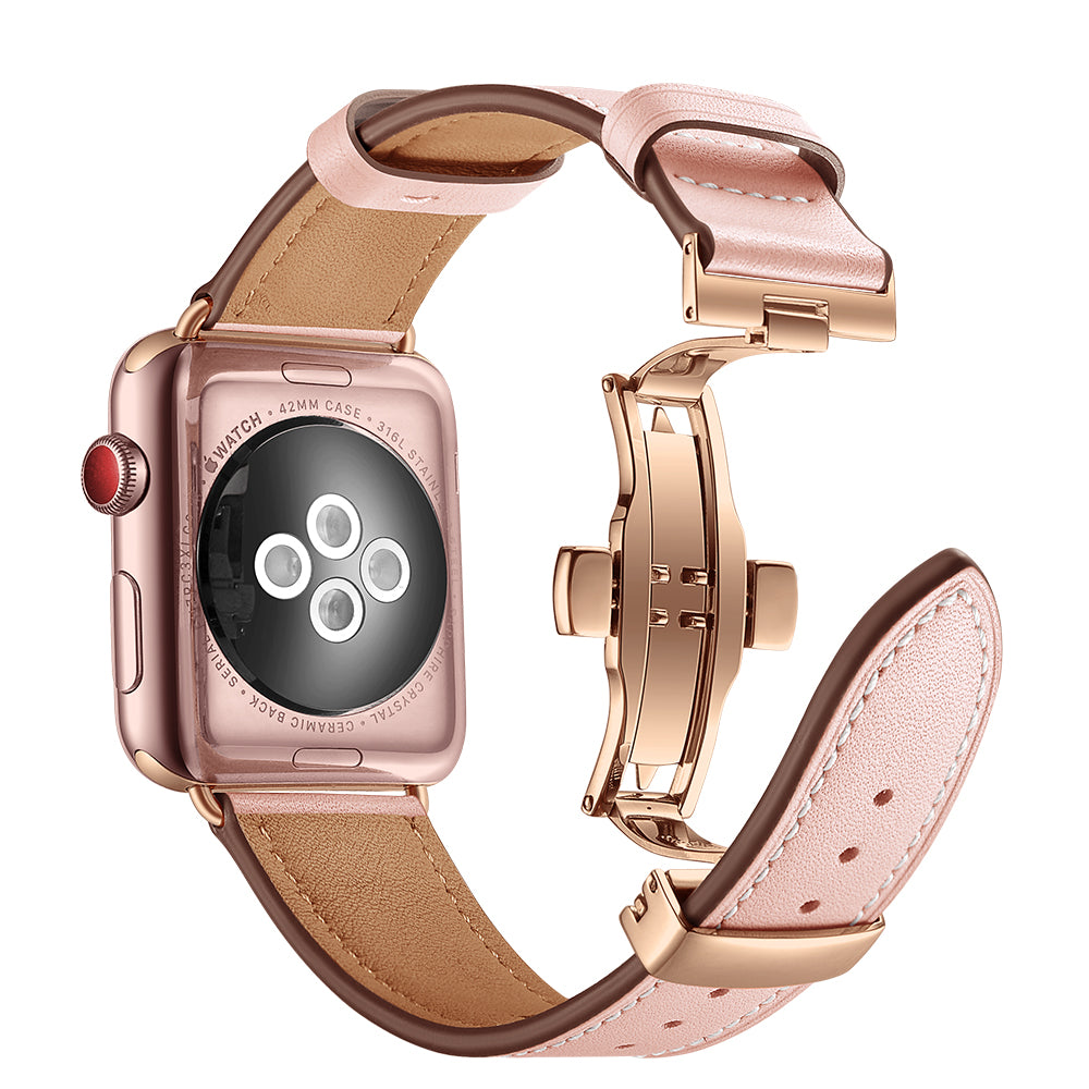 Genuine Leather Watch Replacement Strap for Apple Watch Series 8 7 41mm / Series 6 SE / SE(2022) 5 4 40mm / Series 1 2 3 38mm- Rose Gold Buckle / Pink