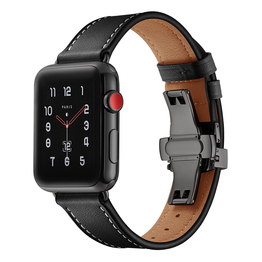 Genuine Leather Watch Replacement Strap for Apple Watch Series 8 7 41mm / Series 6 SE / SE(2022) 5 4 40mm / Series 1 2 3 38mm- Black Buckle / Black