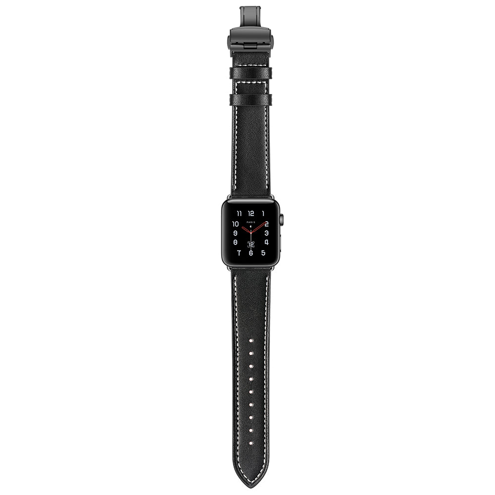 Genuine Leather Watch Replacement Strap for Apple Watch Series 8 7 41mm / Series 6 SE / SE(2022) 5 4 40mm / Series 1 2 3 38mm- Black Buckle / Black