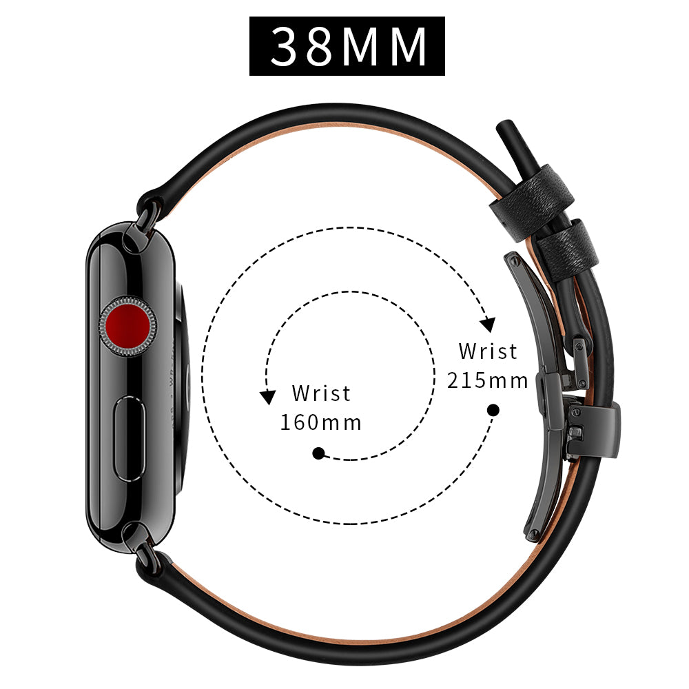 Genuine Leather Watch Replacement Strap for Apple Watch Series 8 7 41mm / Series 6 SE / SE(2022) 5 4 40mm / Series 1 2 3 38mm- Black Buckle / Black