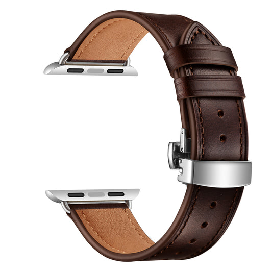 Genuine Leather Watch Band Replacement Strap for Apple Watch Series 8 45mm / Ultra 49mm / 7 45mm / Series 6 SE / SE (2022) 5 4 44mm / Series 1 2 3 42mm - Silver Buckle / Dark Brown