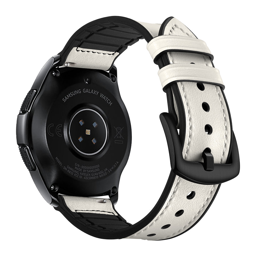for Samsung Galaxy Watch4 Classic 46mm 42mm/Galaxy Watch4 44mm 40mm/Galaxy Watch 42mm 20mm Silicone Cowhide Leather GW-Midnight Black Watch Band - White