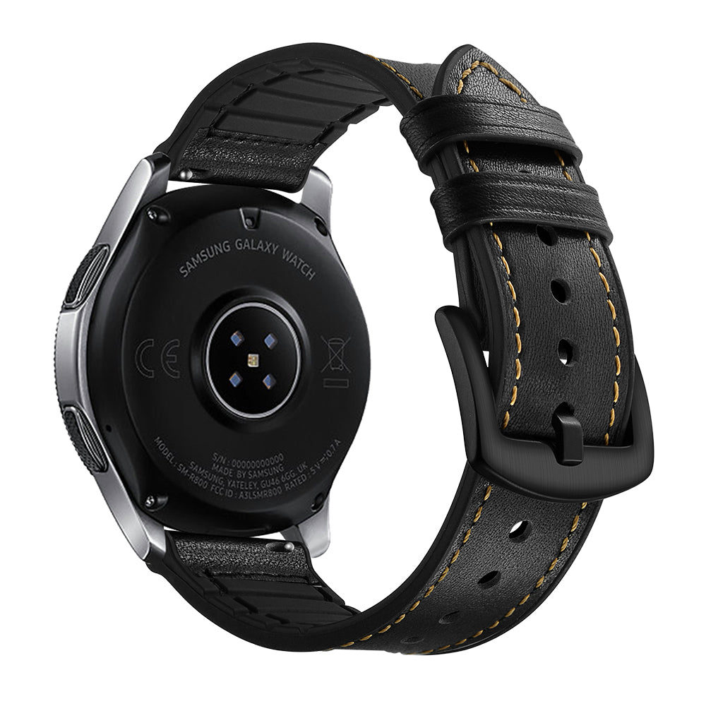 Uniqkart for Samsung Galaxy Watch 46mm Silicone Cowhide Leather GW-Titanium Silver 22mm Watch Band - Black