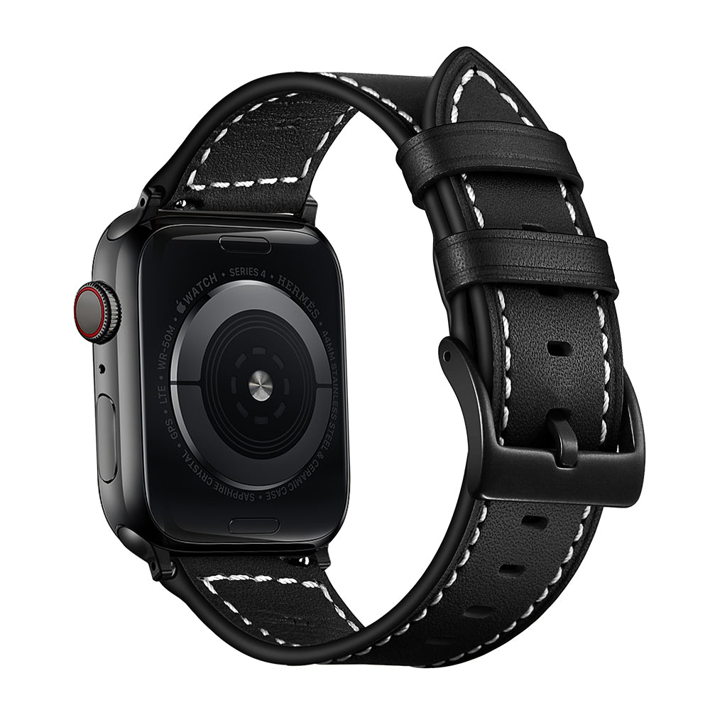 Classic Genuine Leather Watch Band Replacement for Apple Watch Series 8 45mm / Ultra 49mm / 7 45mm / Series 6 / SE / SE (2022) / 5 4 44mm / Series 3 2 1 42mm - Black