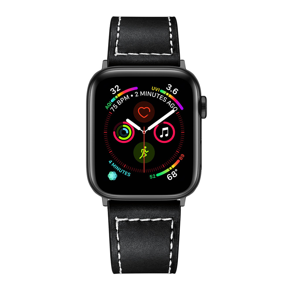 Classic Genuine Leather Watch Band Replacement for Apple Watch Series 8 45mm / Ultra 49mm / 7 45mm / Series 6 / SE / SE (2022) / 5 4 44mm / Series 3 2 1 42mm - Black