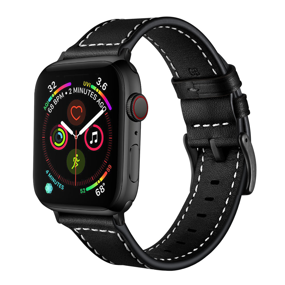 Classic Genuine Leather Watch Band Replacement for Apple Watch Series 8 45mm / Ultra 49mm / 7 45mm / Series 6 / SE / SE (2022) / 5 4 44mm / Series 3 2 1 42mm - Black