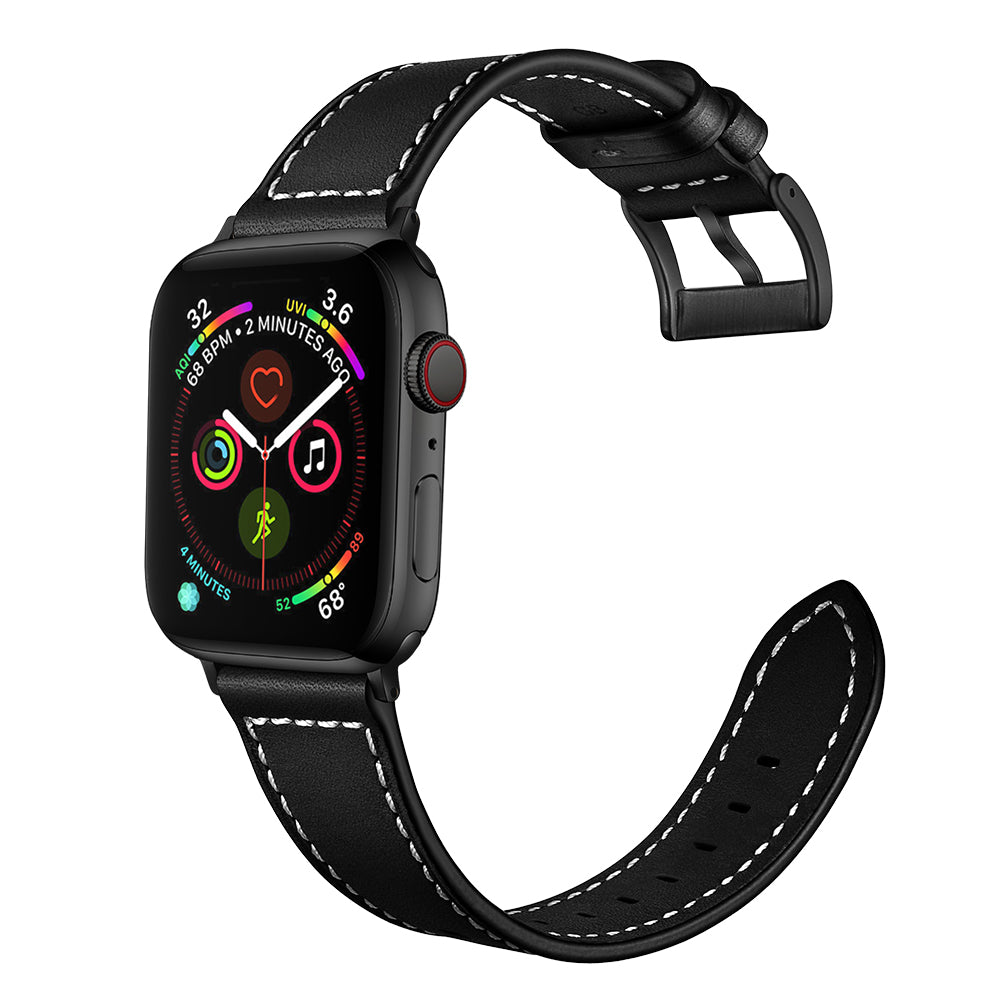 Classic Genuine Leather Watch Band Replacement for Apple Watch Series 8 45mm / Ultra 49mm / 7 45mm / Series 6 / SE / SE (2022) / 5 4 44mm / Series 3 2 1 42mm - Black