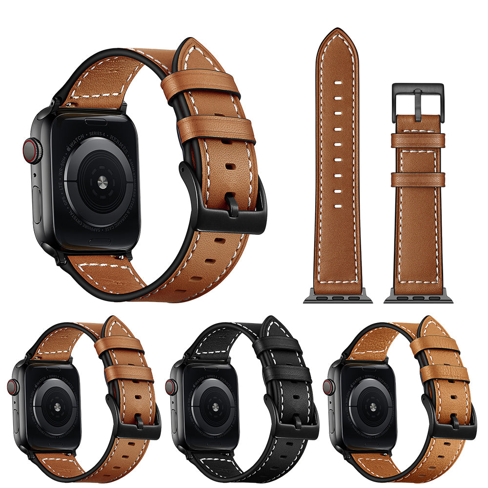 Classic Genuine Leather Watch Band Replacement for Apple Watch Series 8 45mm / Ultra 49mm / 7 45mm / Series 6 / SE / SE (2022) / 5 4 44mm / Series 3 2 1 42mm - Black