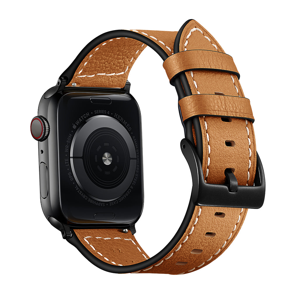 Classic Genuine Leather Watch Band Replacement for Apple Watch Series 8 45mm / Ultra 49mm / 7 45mm / Series 6 / SE / SE (2022) / 5 4 44mm / Series 3 2 1 42mm - Camel