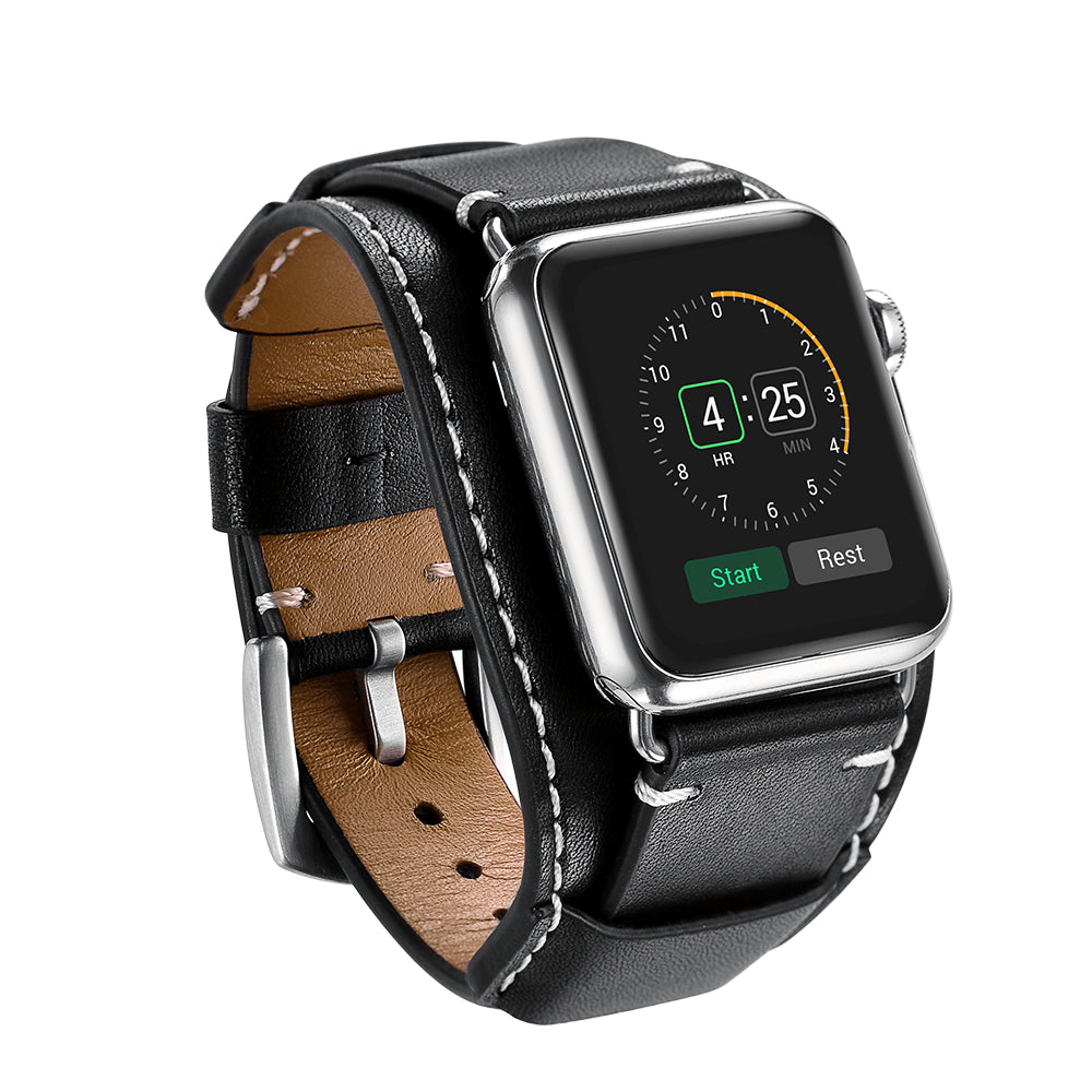 Genuine Leather Smart Watch Band Replacement Strap for Apple Watch Series 8 45mm / Ultra 49mm / 7 45mm / SE / SE (2022) / Series 6 / 5 / 4 44mm / Series 3 / 2 / 1 42mm - Black