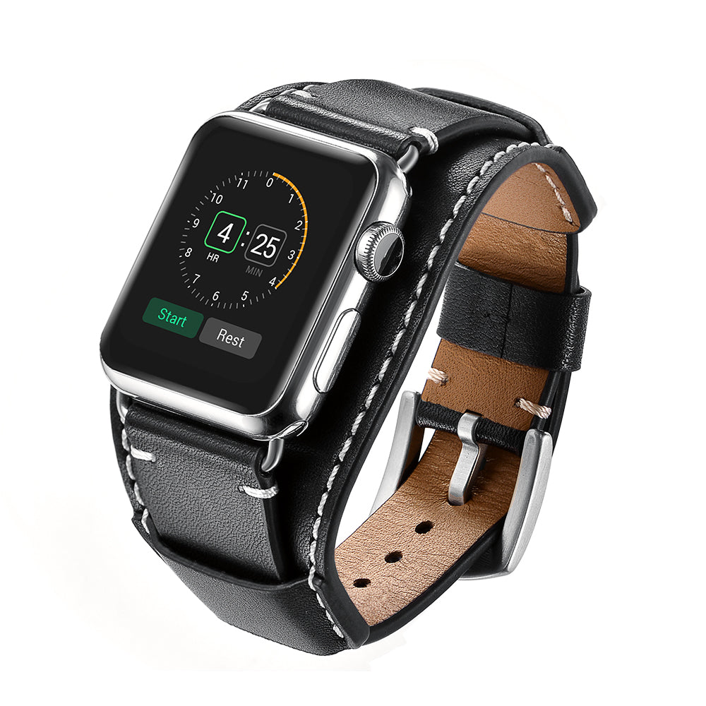 Genuine Leather Smart Watch Band Replacement Strap for Apple Watch Series 8 45mm / Ultra 49mm / 7 45mm / SE / SE (2022) / Series 6 / 5 / 4 44mm / Series 3 / 2 / 1 42mm - Black