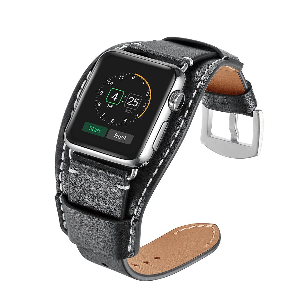 Genuine Leather Smart Watch Band Replacement Strap for Apple Watch Series 8 45mm / Ultra 49mm / 7 45mm / SE / SE (2022) / Series 6 / 5 / 4 44mm / Series 3 / 2 / 1 42mm - Black