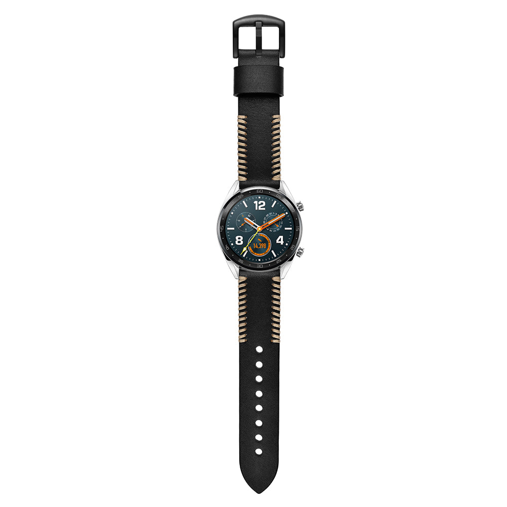 22mm Ribs Style Genuine Leather Watch Strap for Huawei Watch GT / GT 2 46mm / Honor Magic - Black