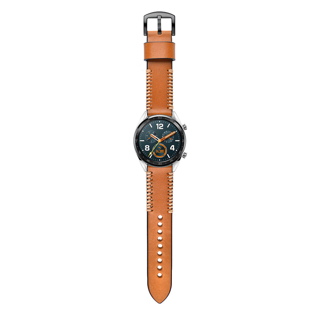 22mm Ribs Style Genuine Leather Watch Strap for Huawei Watch GT / GT 2 46mm / Honor Magic - Brown