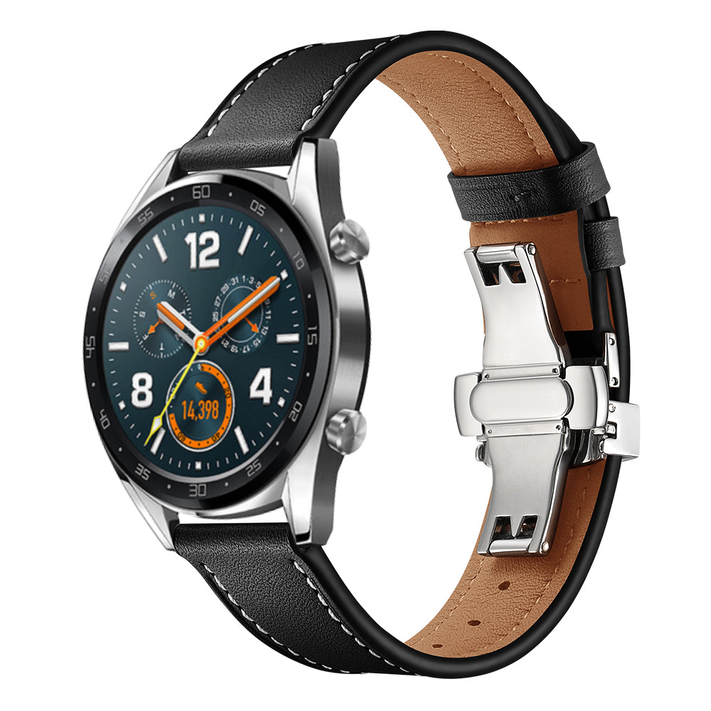22mm Genuine Leather Watch Strap Replacement for Huawei Watch GT1 / 2 / Watch Magic - Black+Silver