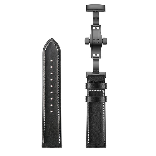 Genuine Leather Watch Band 22mm for Huami Amazfit GTR 47mm - Black Butterfly Buckle / Black