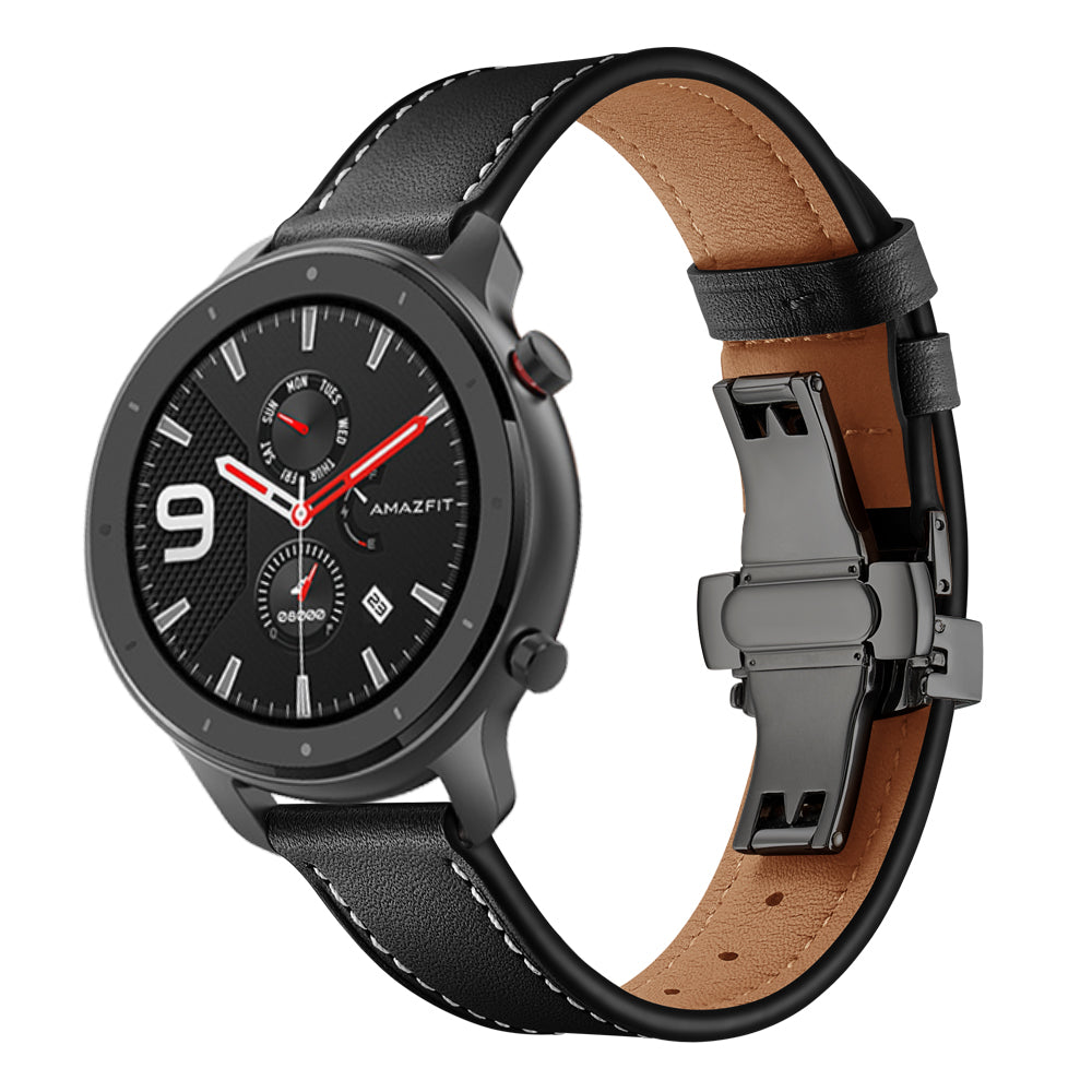 Genuine Leather Watch Band 22mm for Huami Amazfit GTR 47mm - Black Butterfly Buckle / Black