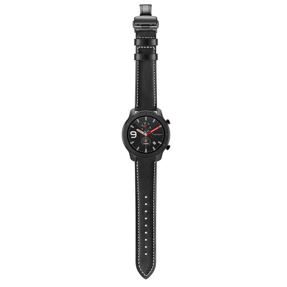 Genuine Leather Watch Band 22mm for Huami Amazfit GTR 47mm - Black Butterfly Buckle / Black
