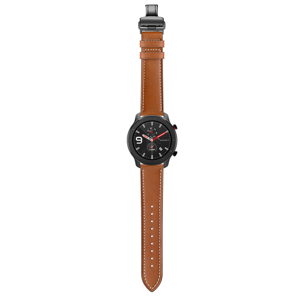 Genuine Leather Watch Band 22mm for Huami Amazfit GTR 47mm - Black Butterfly Buckle / Brown