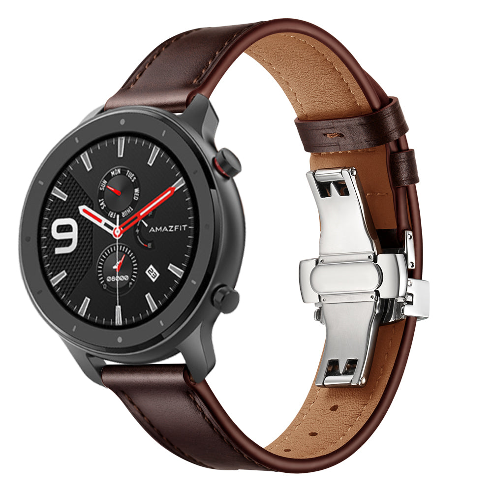 Genuine Leather Watch Band 22mm for Huami Amazfit GTR 47mm - Silver Butterfly Buckle / Coffee