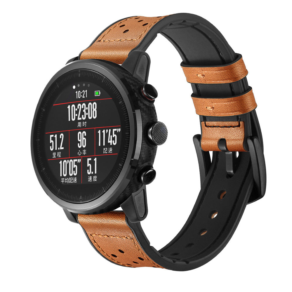 Uniqkart for Huami Amazfit Watch 2 with Holes Silicone Surface Cowhide Genuine Leather Smart Watch Band - Brown