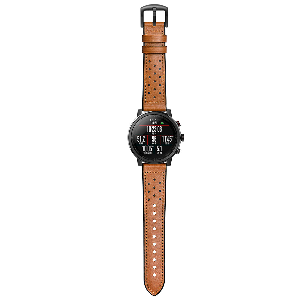 Uniqkart for Huami Amazfit Watch 2 with Holes Silicone Surface Cowhide Genuine Leather Smart Watch Band - Brown