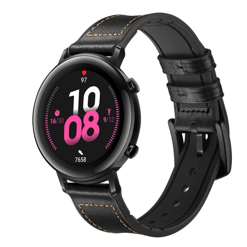 20mm Genuine Leather Coated Silicone Smart Watch Strap for Huawei Watch GT2 42mm - Black