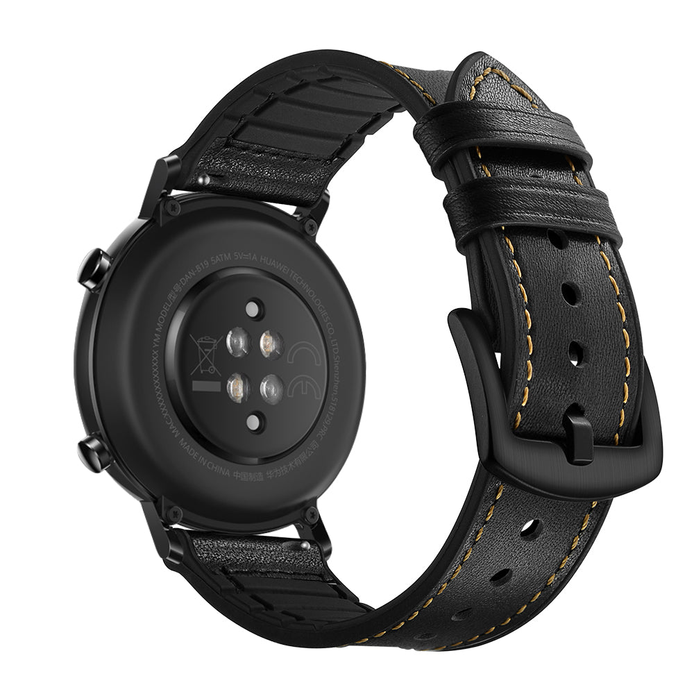 20mm Genuine Leather Coated Silicone Smart Watch Strap for Huawei Watch GT2 42mm - Black