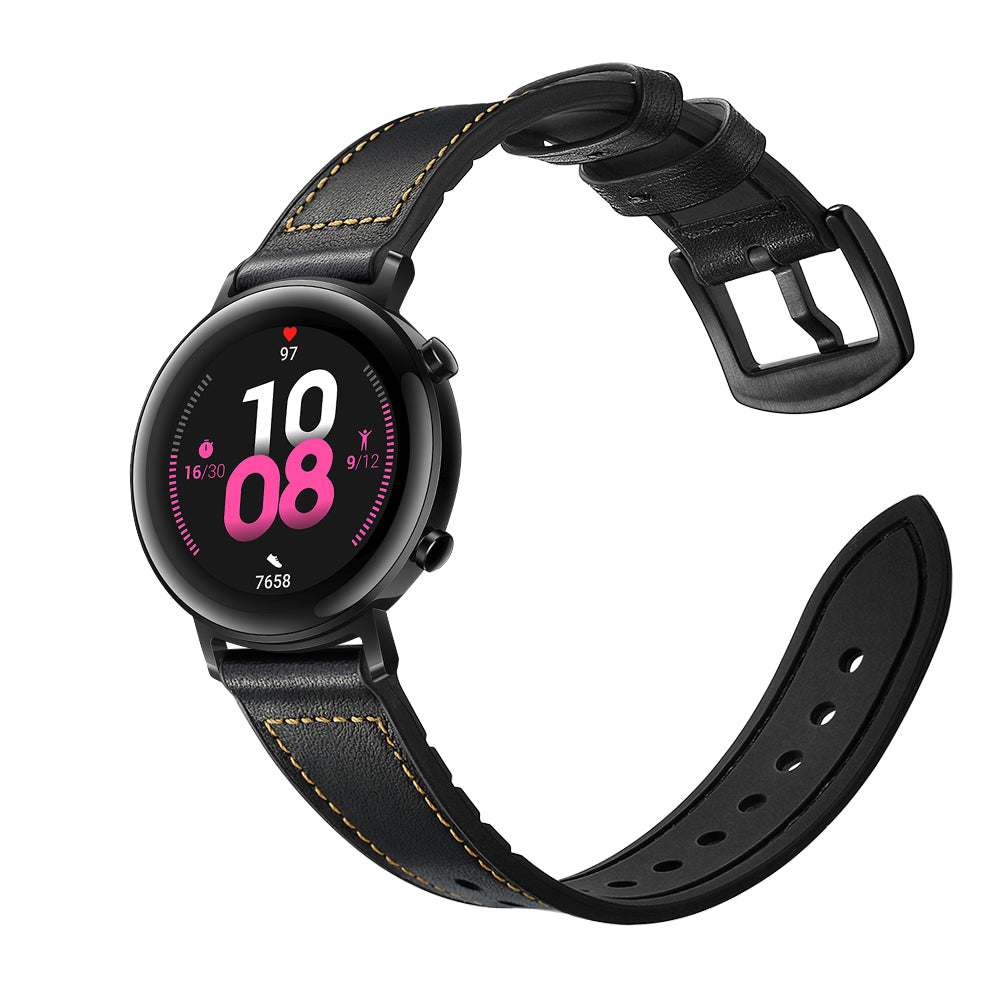 20mm Genuine Leather Coated Silicone Smart Watch Strap for Huawei Watch GT2 42mm - Black