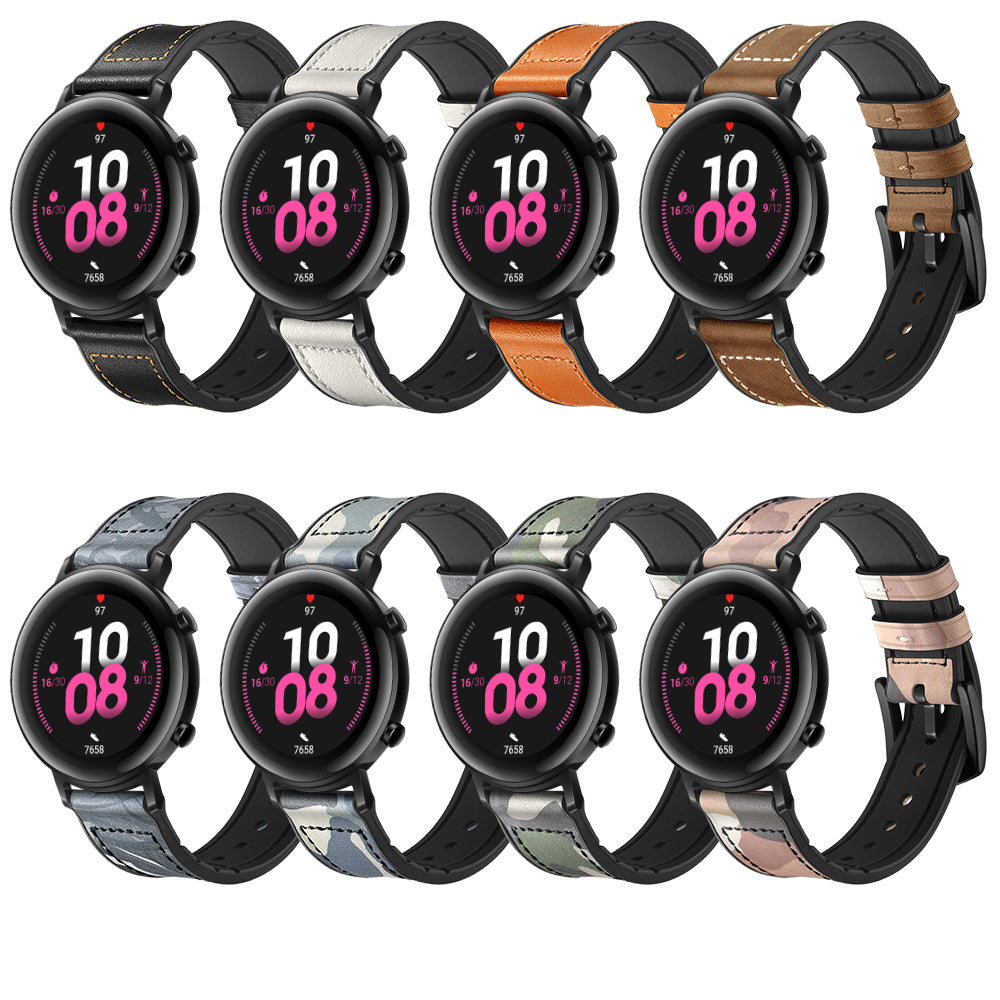 20mm Genuine Leather Coated Silicone Smart Watch Strap for Huawei Watch GT2 42mm - Black