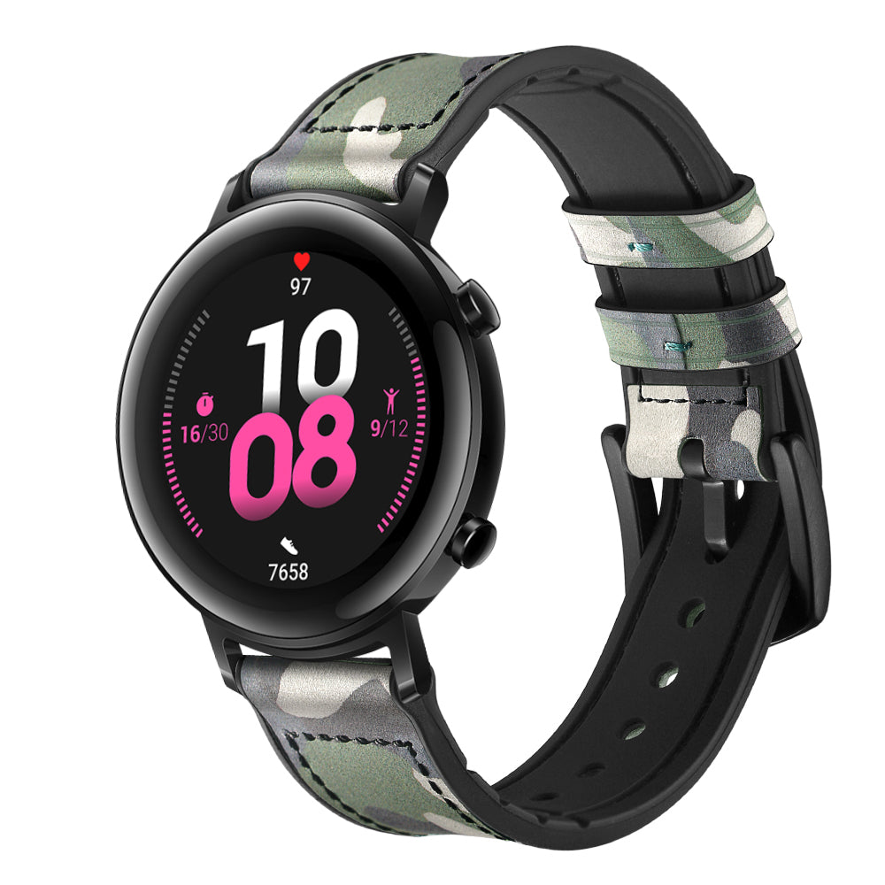 20mm Genuine Leather Coated Silicone Smart Watch Strap for Huawei Watch GT2 42mm - Green/Camoufage