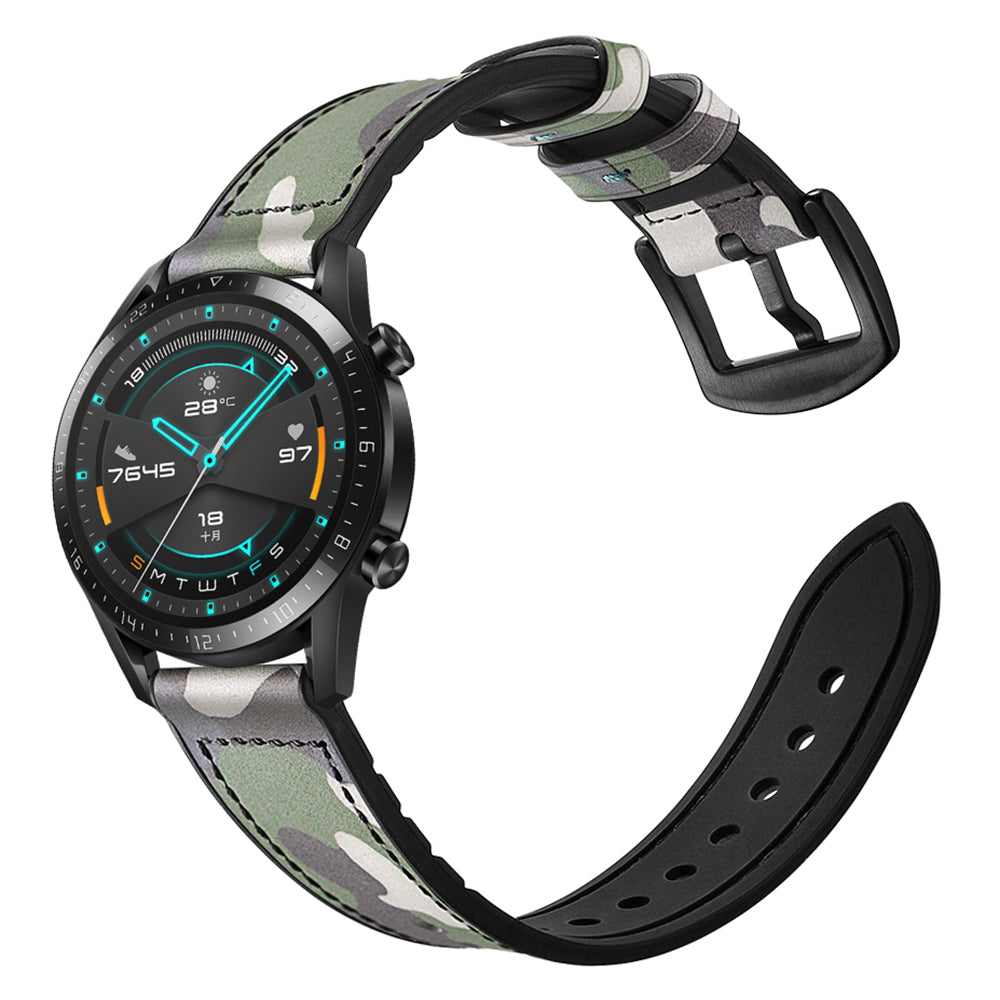 Genuine Leather Coated Silicone Smart Watch Strap [22mm width] for Huawei Watch GT2 46mm - Green/Camouflage