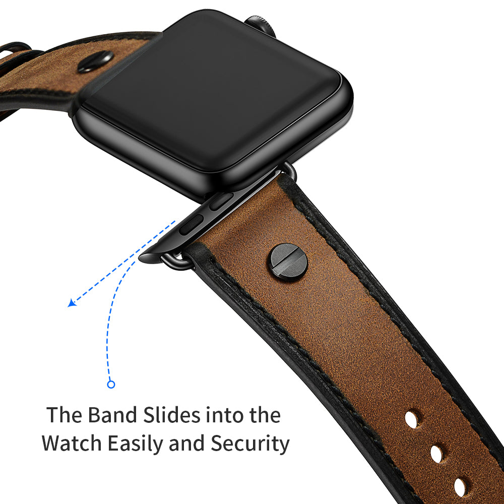 Rivet Decor Top Layer Genuine Leather Watch Strap Replacement for Apple Watch Series 8 45mm / Ultra 49mm / 7 45mm / Series 1 / 2 / 3 42mm / Series 4 / 5 / 6 / SE / SE (2022) 44mm - Crazy Horse Brown