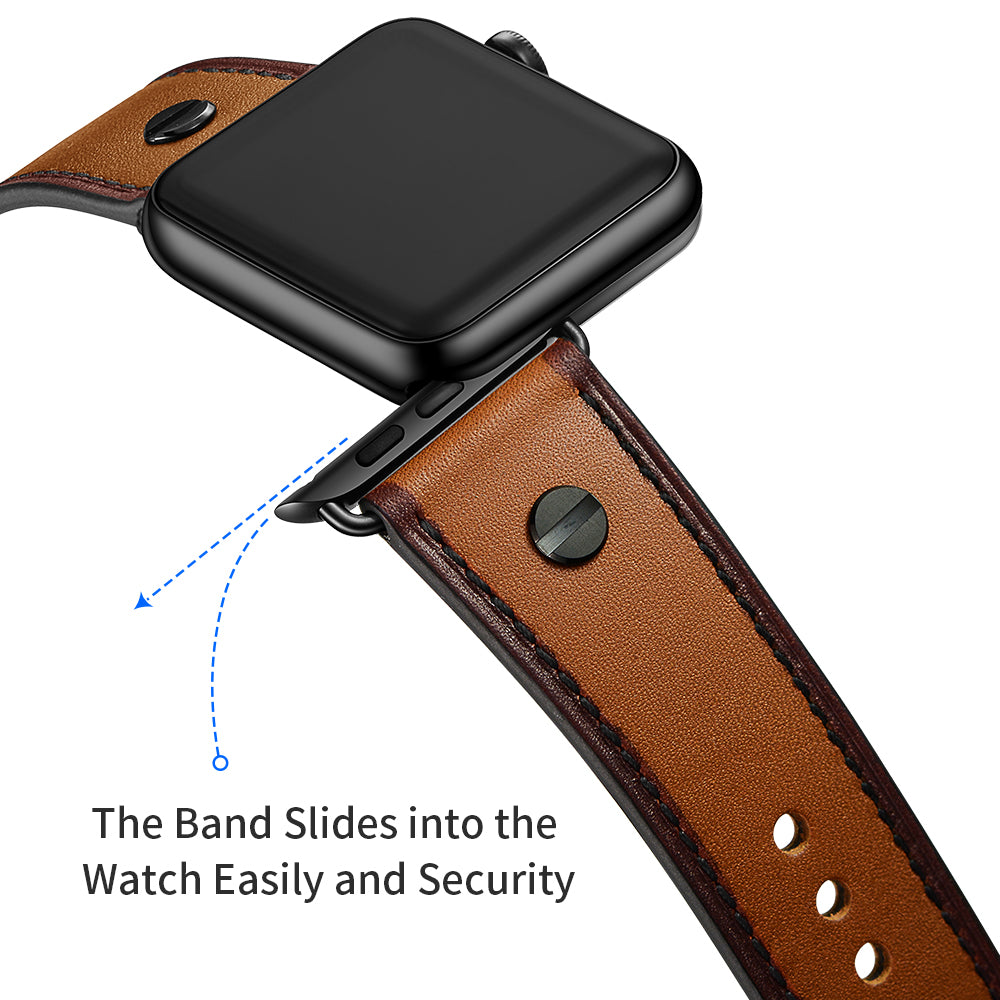 Rivet Decor Top Layer Genuine Leather Watch Strap Replacement for Apple Watch Series 8 45mm / Ultra 49mm / 7 45mm / Series 1 / 2 / 3 42mm / Series 4 / 5 / 6 / SE / SE (2022) 44mm - Brown
