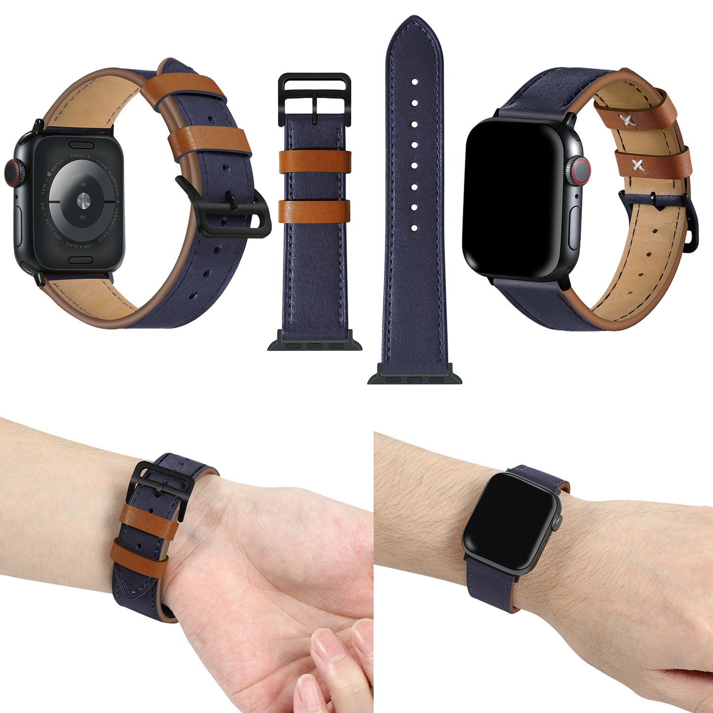 Fresh Contrast Color Genuine Leather Watch Strap for Apple Watch Series 8 7 41mm / Series 6 / SE / SE(2022) / 5 / 4 40mm, Series 3 / 2 / 1 38mm - Sapphire Blue