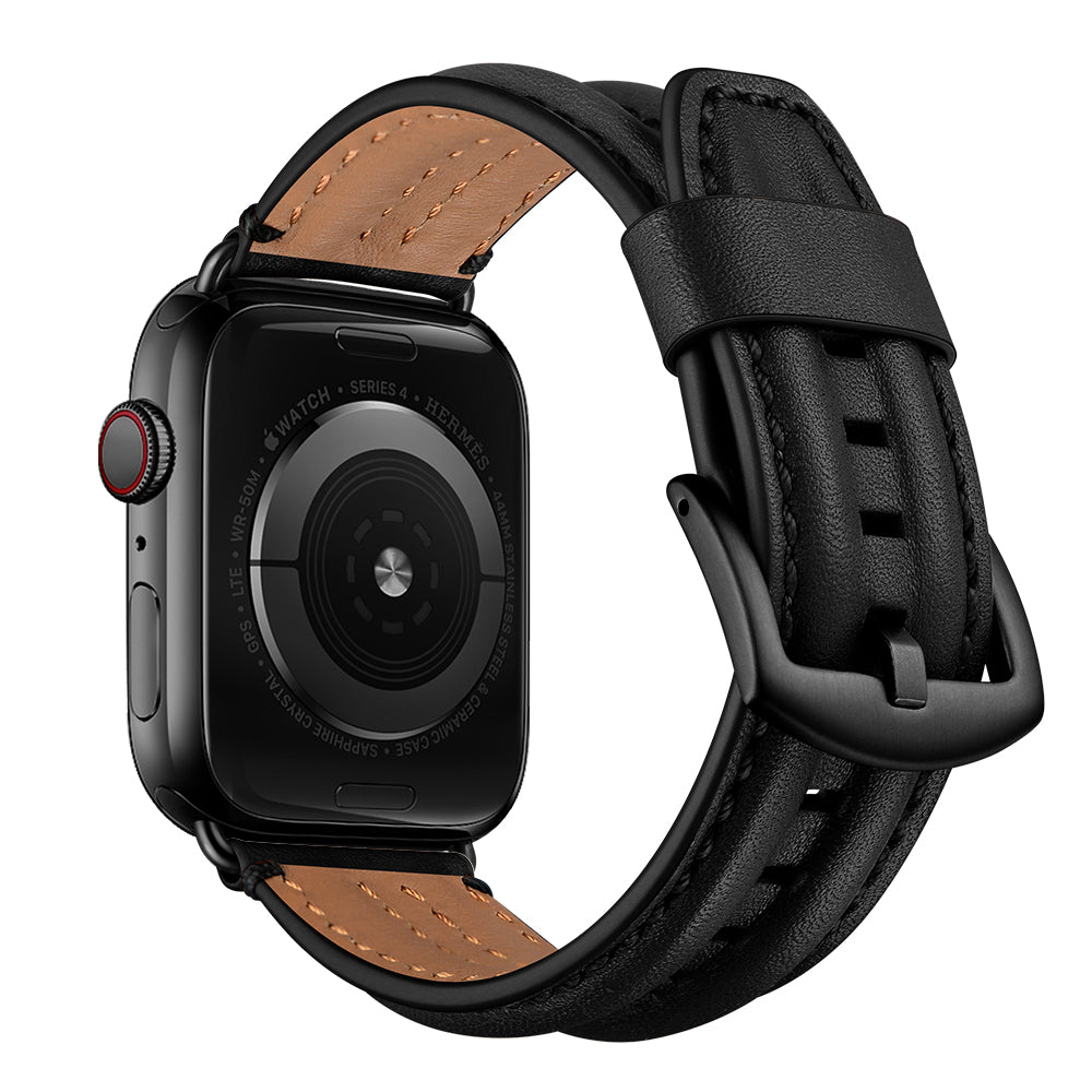 Top Layer Genuine Leather Watch Strap Band for Apple Watch Series 8 45mm / Ultra 49mm / 7 45mm / Series 6 / 5 / 4 / SE / SE (2022) 44m / Series 3 / 2 / 1 42mm - Black