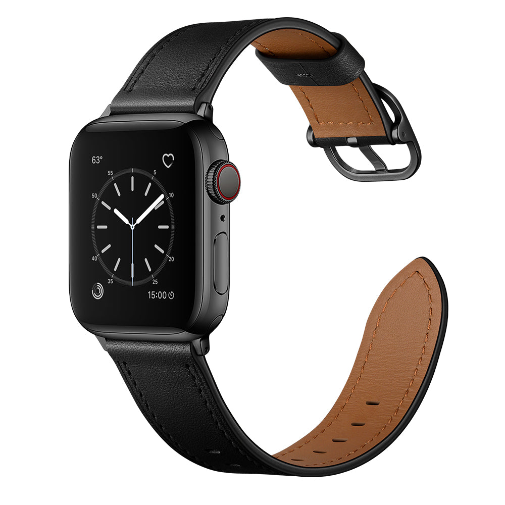 Genuine Leather Watch Band Replacement for Apple Watch Ultra 49mm / Series 8 / 7 45mm / Series 6 / SE / SE (2022) / 5 / 4 44mm / Series 1 / 2 / 3 42mm - Black