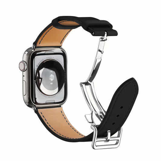 Folding Buckle Genuine Leather Smart Watch Strap [Silver Buckle] for Apple Watch Series 7 / 8 41mm / SE / SE(2022) / Series 6 / 5 / 4 40mm / Series 3 / 2 / 1 38mm - Black