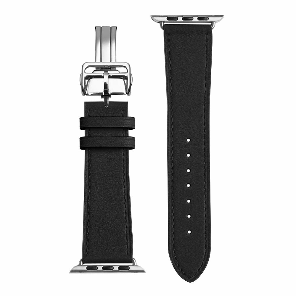 Folding Buckle Genuine Leather Smart Watch Strap [Silver Buckle] for Apple Watch Series 7 / 8 41mm / SE / SE(2022) / Series 6 / 5 / 4 40mm / Series 3 / 2 / 1 38mm - Black