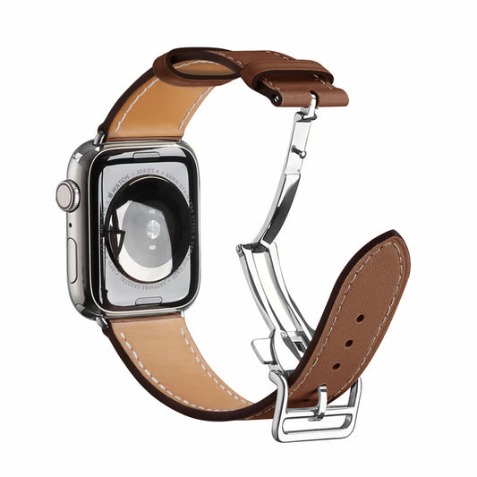 Folding Buckle Genuine Leather Smart Watch Strap [Silver Buckle] for Apple Watch Series 7 / 8 41mm / SE / SE(2022) / Series 6 / 5 / 4 40mm / Series 3 / 2 / 1 38mm - Brown