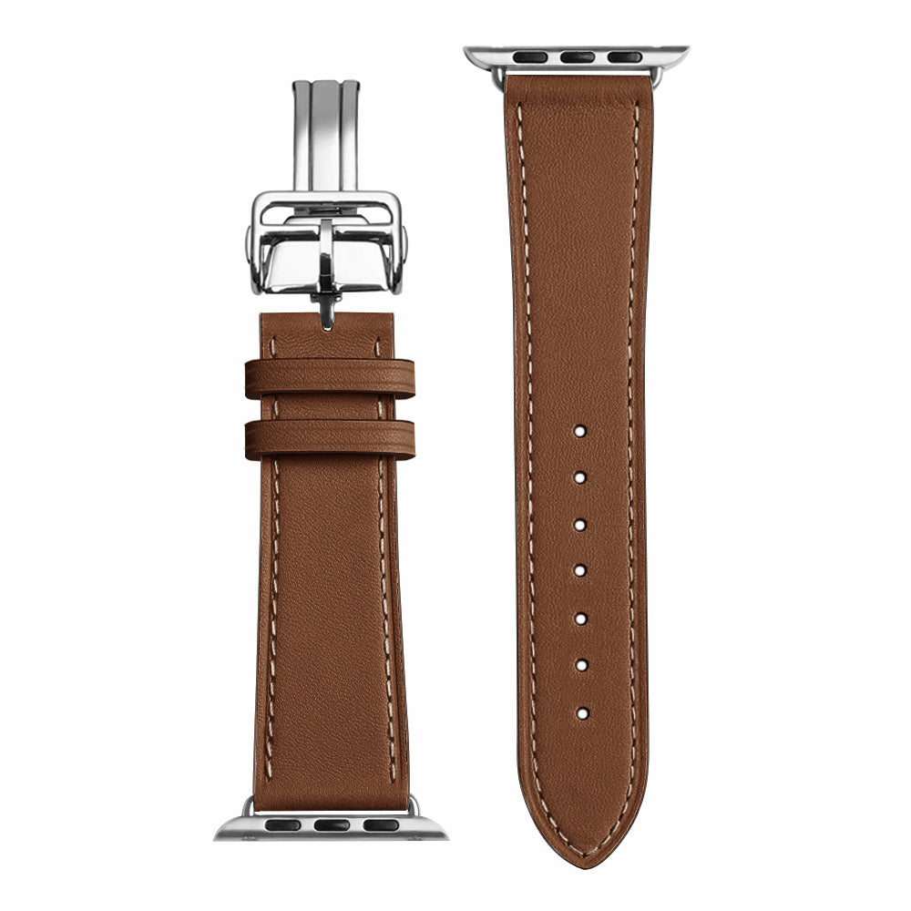 Folding Buckle Genuine Leather Smart Watch Strap [Silver Buckle] for Apple Watch Series 7 / 8 41mm / SE / SE(2022) / Series 6 / 5 / 4 40mm / Series 3 / 2 / 1 38mm - Brown