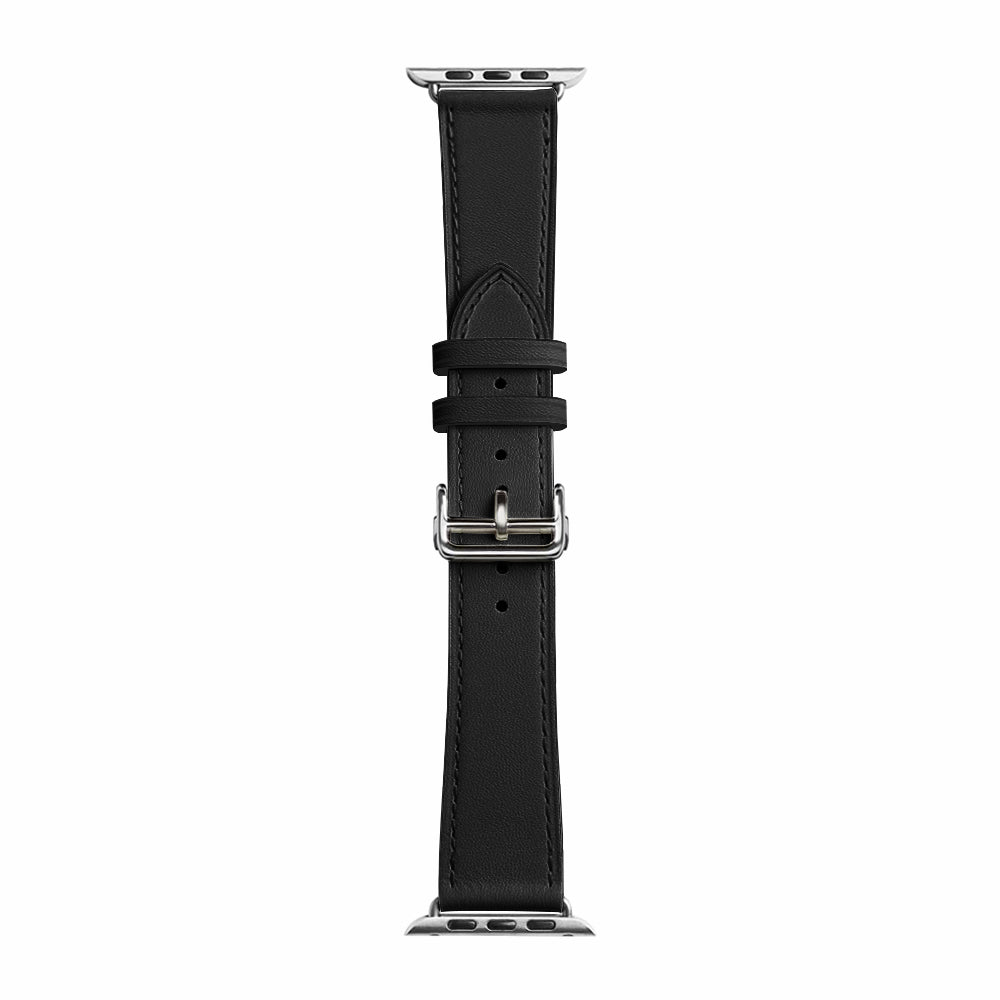Folding Buckle Genuine Leather Smart Watch Strap [Silver Buckle] for Apple Watch Ultra 49mm / Series 8 / 7 45mm / Series 6 / SE / SE (2022) / 5 / 4 44mm / Series 1 / 2 / 3 42mm - Black