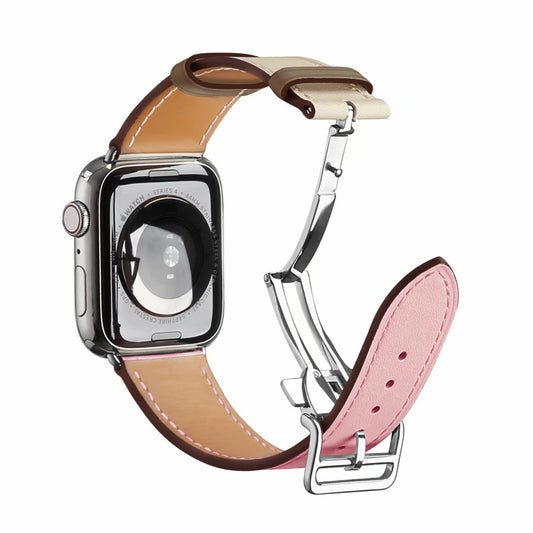 Folding Buckle Genuine Leather Smart Watch Strap [Silver Buckle] for Apple Watch Ultra 49mm / Series 8 / 7 45mm / Series 6 / SE / SE (2022) / 5 / 4 44mm / Series 1 / 2 / 3 42mm - Pink / White