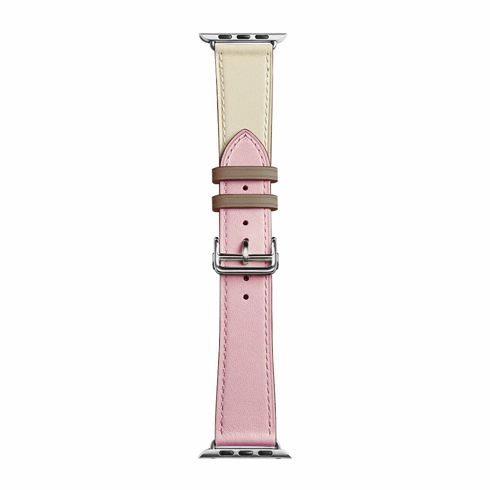 Folding Buckle Genuine Leather Smart Watch Strap [Silver Buckle] for Apple Watch Ultra 49mm / Series 8 / 7 45mm / Series 6 / SE / SE (2022) / 5 / 4 44mm / Series 1 / 2 / 3 42mm - Pink / White