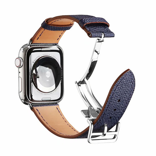 Folding Buckle Genuine Leather Smart Watch Strap [Silver Buckle] for Apple Watch Ultra 49mm / Series 8 / 7 45mm / Series 6 / SE / SE (2022) / 5 / 4 44mm / Series 1 / 2 / 3 42mm - Dark Blue